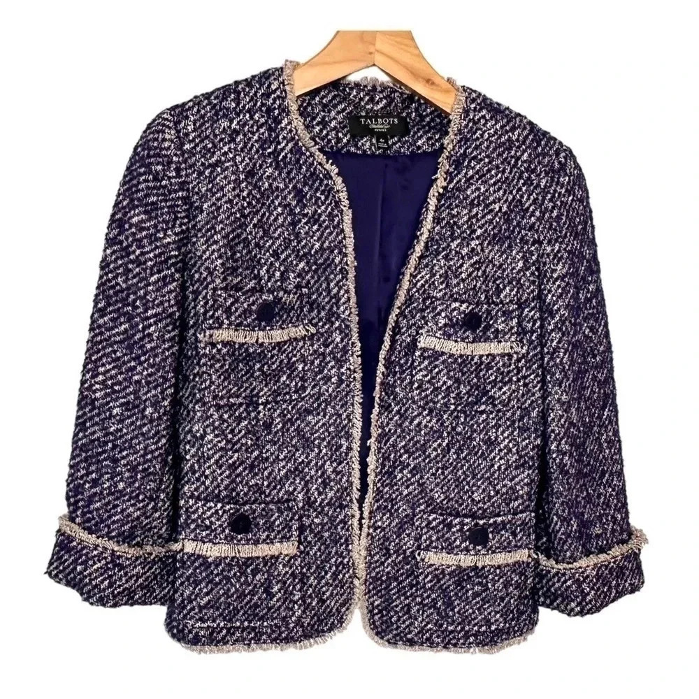 Talbots 4P purple cream Blazer fringe wool‎ alpaca mohair blend Old Money Easter